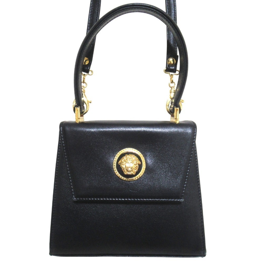 GIANNI VERSACE Vintage Top Handle Medusa 2-Way Handbag/Shoulder Bag, Black, W...